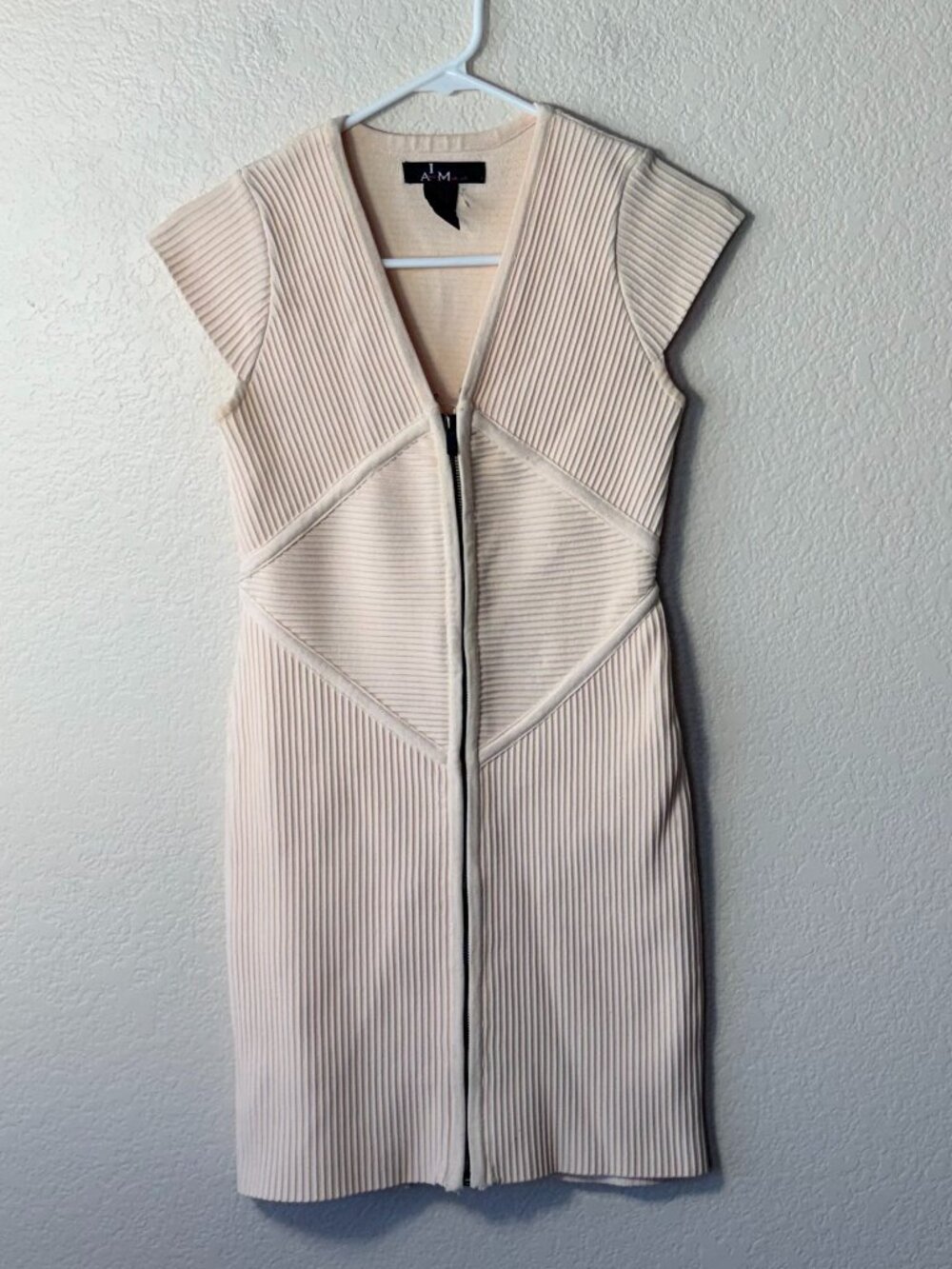 Alberto Makali Size S Beige Ribbed Bandage Bodycon Zip Front Dress